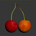 Red and Orange Fresh Cherries with Green Stems on Dark Reflective Surface 3d model