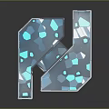 Cartoon Scene of Modern Geometric Structure with Blue White Hexagonal Patterns and Transparent Reflective Surface