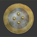 Ancient Golden Circular Shield With Four Decorative Dots And Historical Weapon Design