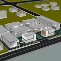 Modern Industrial Factory With Two Symmetric Buildings Central Water Pond Greenery And Pathway