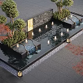 Outdoor Water Fountain with Cascading Water Floating Lights and Green Trees by Stone Wall