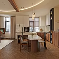 Modern Open Concept Dining and Living Room With Pendant Lights Dining Table and Kitchen Island