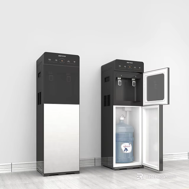 Modern Black And Silver Water Dispenser With Open Closed Door And Blue Water Bottle Inside 3d model 