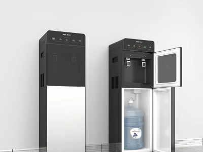Modern Black And Silver Water Dispenser With Open Closed Door And Blue Water Bottle Inside 3d model