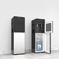 Modern Black And Silver Water Dispenser With Open Closed Door And Blue Water Bottle Inside