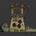Cartoon Style Watchtower With Red Flag Wooden Roof Stones Staircase And Grass