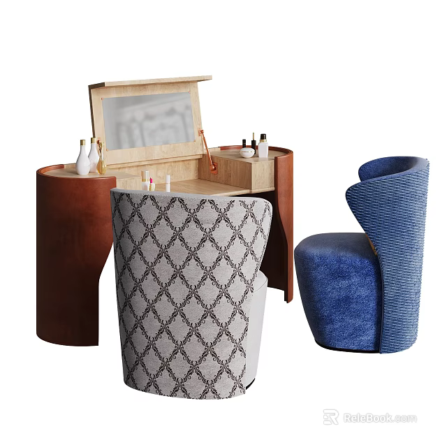 Elegant Modern Dressing Table Interior With Open Mirror Decorative Bottles And Blue Chair 3d model