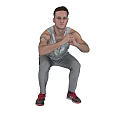 Man Squatting In Tank Top Gray Pants And Red Shoes With Tattoo On Gray Background