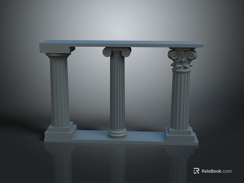 Landscape with Three Corinthian Columns Supporting Reflective Stone Platform in Gray Gradient Background 3d model 