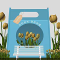 Spring Themed Photo Check In Spot With Blue Frame Yellow Tulips And White Bench