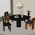 Middle Ancient Dining Table and Chair Combination Round Table and Chair Chandelier 3d model