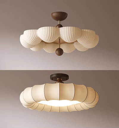 Modern Pleated Cream Fabric Ceiling Light With Dark Brown Base And Soft Glow 3d model