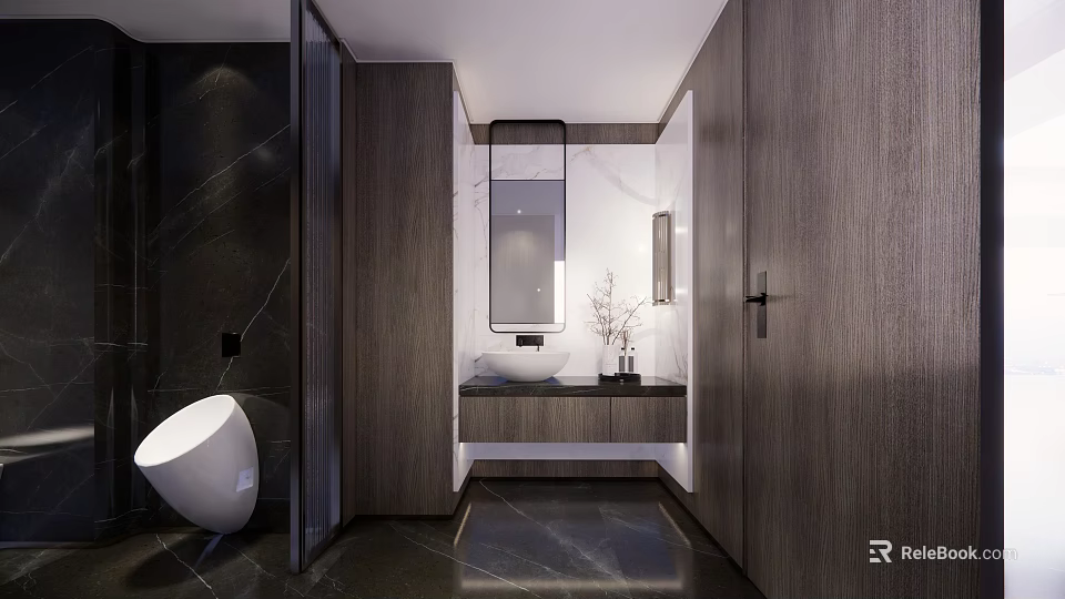Elegant Modern Public Restroom Interior With Wooden Panels Marble Countertop Sink And Mirror 3d model 