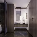 Elegant Modern Public Restroom Interior With Wooden Panels Marble Countertop Sink And Mirror
