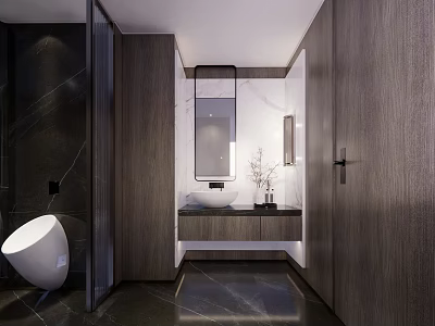 Elegant Modern Public Restroom Interior With Wooden Panels Marble Countertop Sink And Mirror 3d model