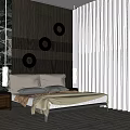 Modern Double Bed Interior With Black Circular Decorations Marble Wall And White Curtains 3d model