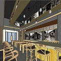 Traditional Restaurant Interior With Wooden Tables Chairs And Black White