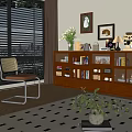 Wooden Bookcase with Glass Doors Drawers Filled with Books Decor and Plants in Cozy Room