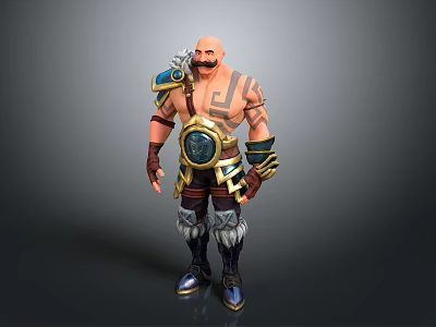 Tattooed Bearded Man With Bald Head Decorative Armor Fur Trimmed Pants And Circular Belt Buckle 3d model