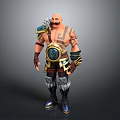 Tattooed Bearded Man With Bald Head Decorative Armor Fur Trimmed Pants And Circular Belt Buckle