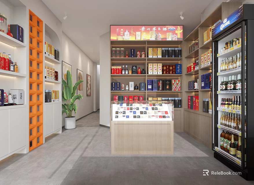 Tobacco and Liquor Store Interior with Shelves Alcoholic Beverages Cigarettes Display Cabinets and Green Plant 3d model 