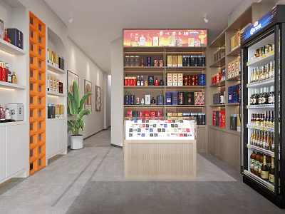 Tobacco and Liquor Store Interior with Shelves Alcoholic Beverages Cigarettes Display Cabinets and Green Plant 3d model