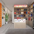 Tobacco and Liquor Store Interior with Shelves Alcoholic Beverages Cigarettes Display Cabinets and Green Plant