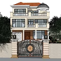 Detached Villa With Yellow Exterior Red Roof Dome And Double Garage White Columns Green Plants