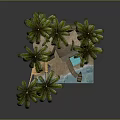 Tropical Island Scene With Palm Trees Hut And Blue Water Pool