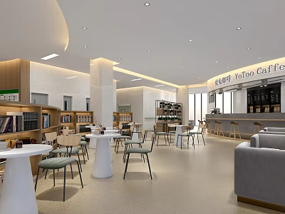 Modern Café Interior With Cozy Tables Chairs Bar Counter And Bookshelves 3d model