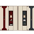 Modern Chinese Style Bookcase With Red Blue Panels Gold Accents Glass Doors And Decorative Items