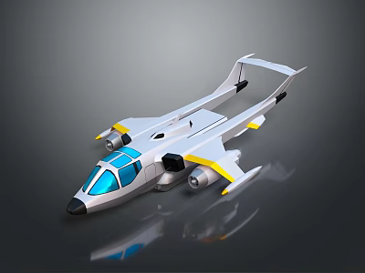 Sleek Futuristic Aircraft Model Featuring Silver Body Blue Cockpit Windows Yellow Accents And Reflective Surface 3d model
