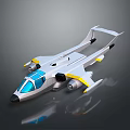 Sleek Futuristic Aircraft Model Featuring Silver Body Blue Cockpit Windows Yellow Accents And Reflective Surface