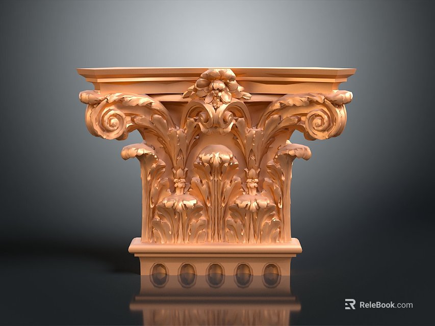 Ornate Golden Capital with Intricate Scrolls Floral Carvings and Circular Base Designs 3d model 