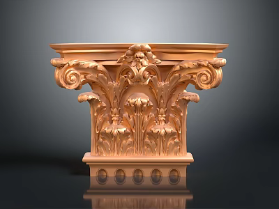 Ornate Golden Capital with Intricate Scrolls Floral Carvings and Circular Base Designs 3d model