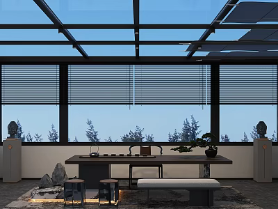 Modern Villa Balcony with Glass Roof Blinds Outdoor Furniture Long Table and Natural Scenery 3d model