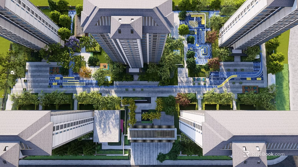 Residential Landscape With High Rise Buildings Lush Greenery And Central Courtyard 3d model 