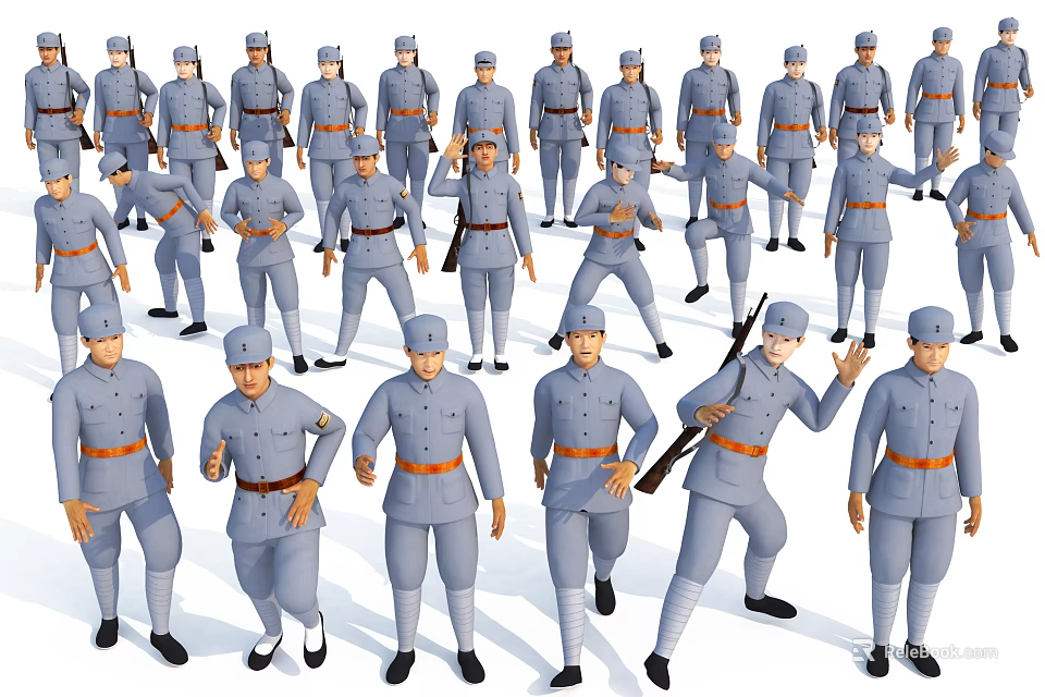 Game Movie Soldier Characters In Gray Military Uniform With Various Poses And Rifles 3d model 