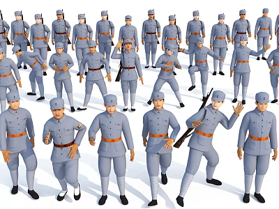 Game Movie Soldier Characters In Gray Military Uniform With Various Poses And Rifles 3d model