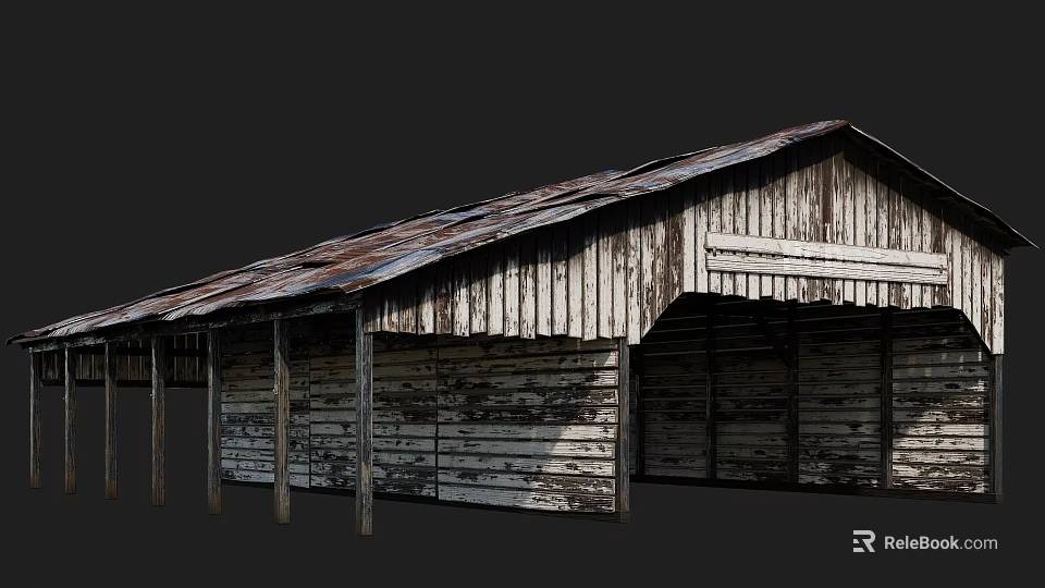 Old Open Wooden Building Structure With Rusty Roof Weathered Planks And Supporting Columns 3d model 