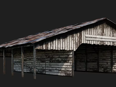 Old Open Wooden Building Structure With Rusty Roof Weathered Planks And Supporting Columns 3d model