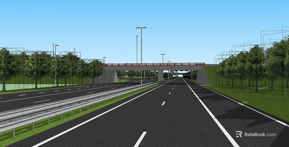 Well Designed Road Infrastructure With Overpass Bridge Streetlights And Green Trees 3d model 