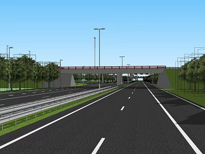 Well Designed Road Infrastructure With Overpass Bridge Streetlights And Green Trees 3d model