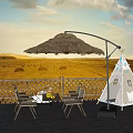 Outdoor Table And Chair Set With Straw Umbrella White Tent And Wooden Fence