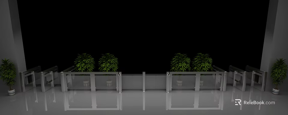 Public Urban Railings with Transparent Design Green Plants and Sleek Reflective Ground 3d model 
