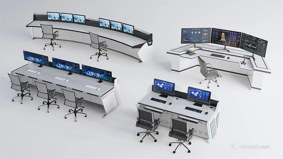 Modern Office Desks With Curved And Straight Designs Multiple Monitors And Ergonomic Chairs 3d model 