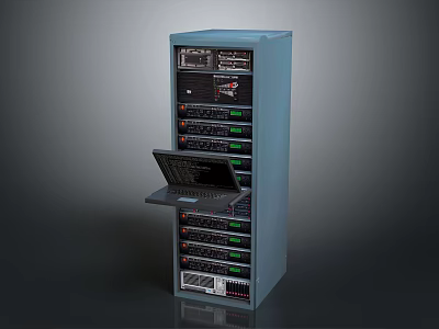 Electronic Equipment Server Rack With Open Laptop And Multiple Network Devices 3d model