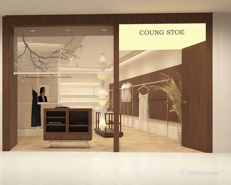 Modern Clothing Store Interior With Wooden Racks Clothes Reception Counter And Decorative Plants 3d model 