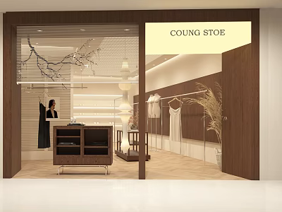 Modern Clothing Store Interior With Wooden Racks Clothes Reception Counter And Decorative Plants 3d model