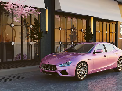 Pink Maserati Sedan In Front Of Building With Glass Curtain Walls And Cherry Blossom Decor 3d model